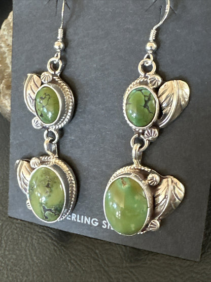 Native Navajo Green Turquoise Sterling Silver Dangle Earrings 2” 17699