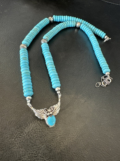 WoMens Blue Kingman Turquoise Pendant Navajo Sterling Silver Necklace 20” 18167