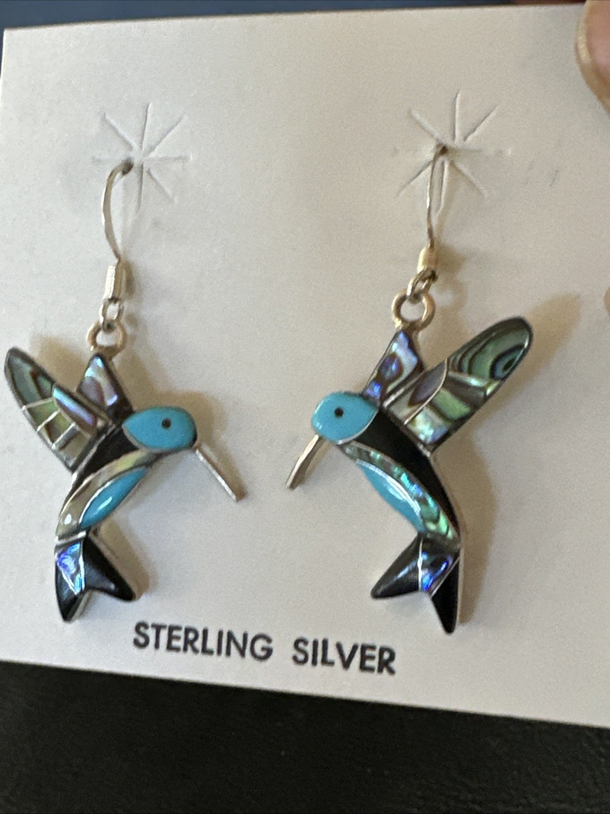 Blue Turquoise Pava Shell Sterling Silver Hummingbird Dangle Earrings 19814