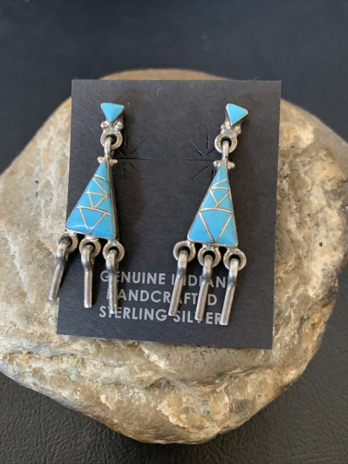 Blue Turquoise Inlay Zuni Sterling Silver Dangle Post Earrings 1.5" 12745