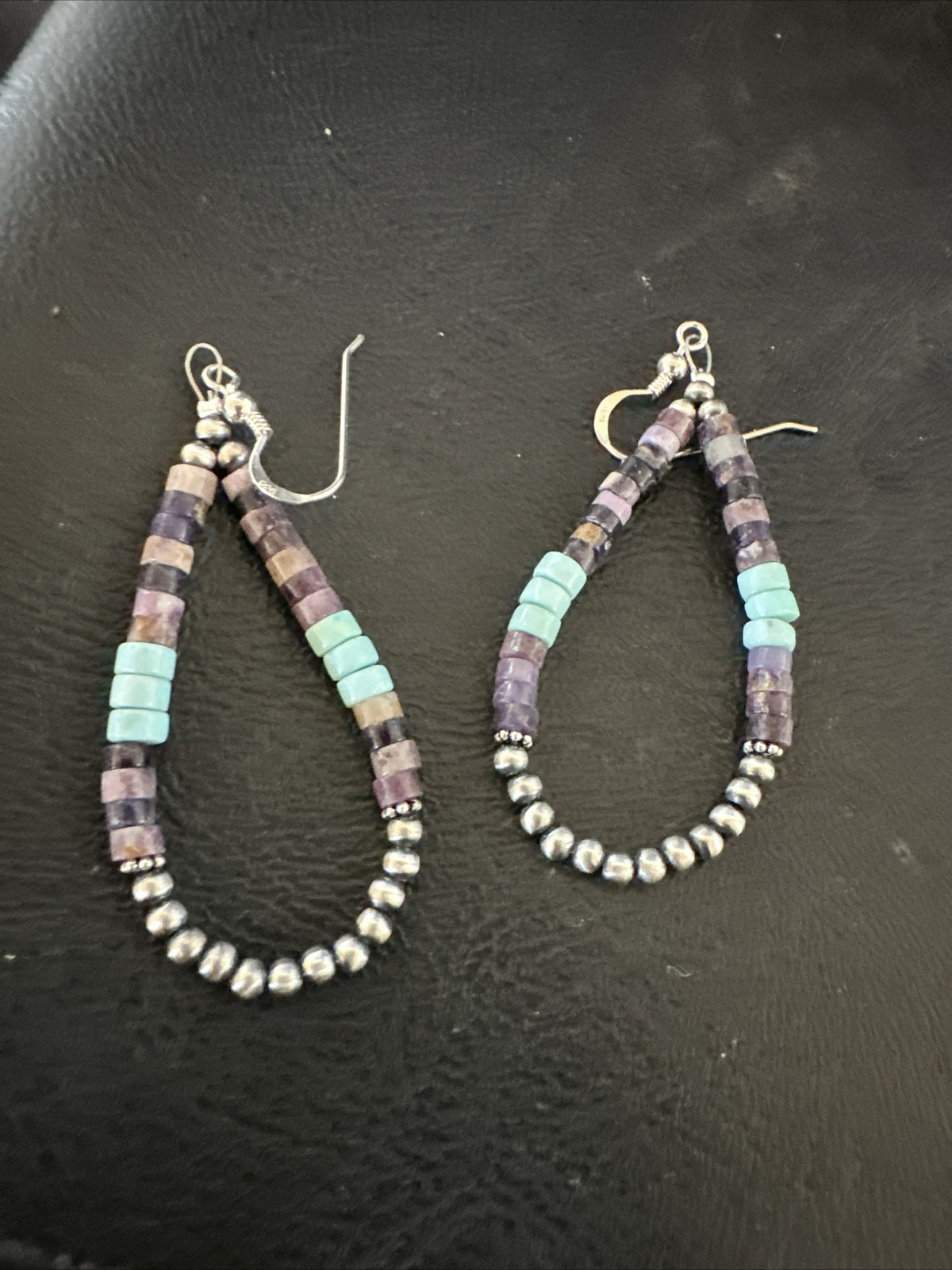 Blue Turquoise Purple Ston Heishi Sterling Silver Navajo Beads Earrings 2" 17838