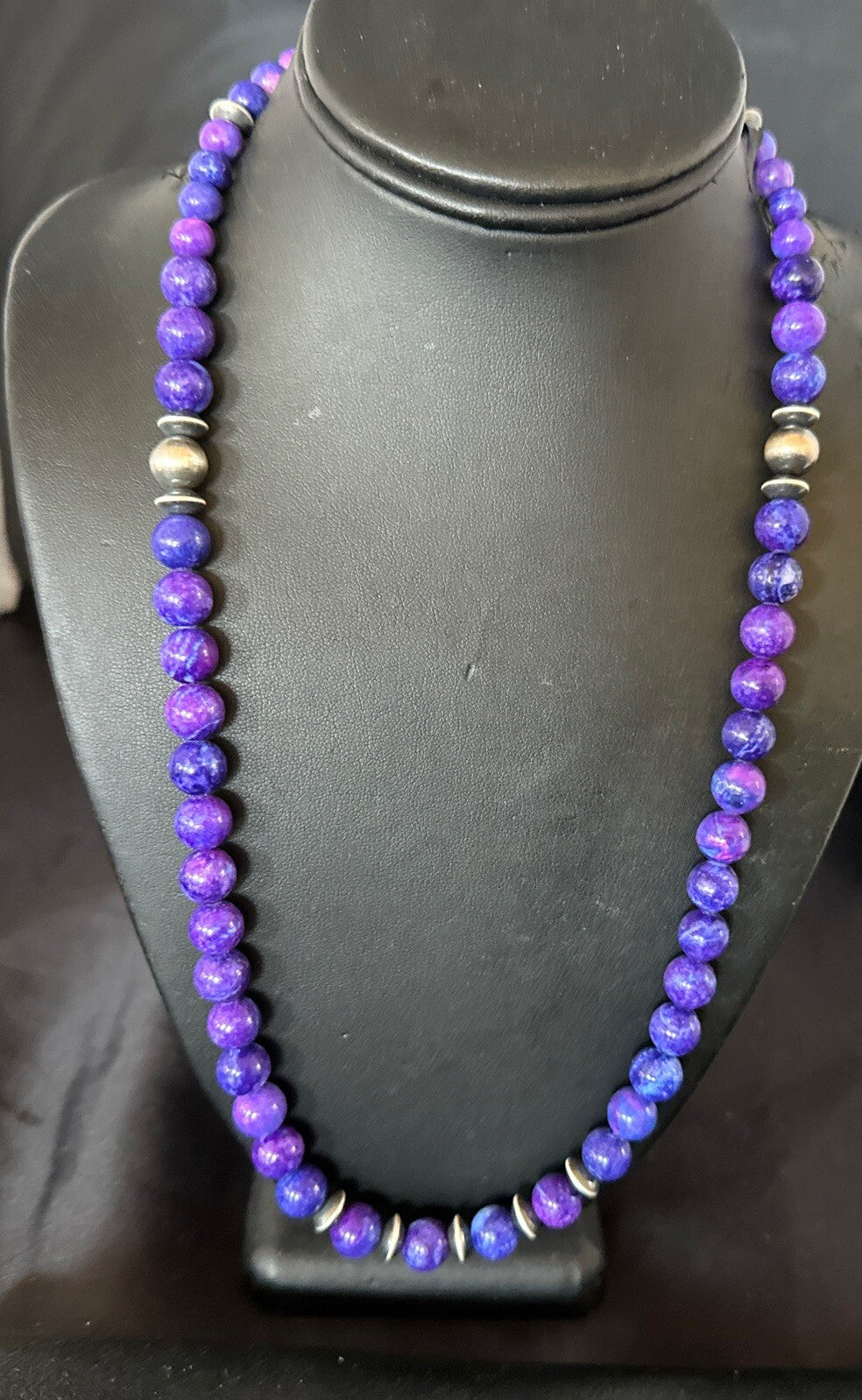10mm Royal  Purple Stone Bead Navajo Sterling Silver Necklace 24” 17922