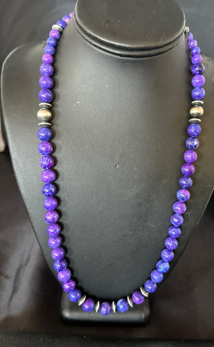 10mm Royal  Purple Stone Bead Navajo Sterling Silver Necklace 24” 17922