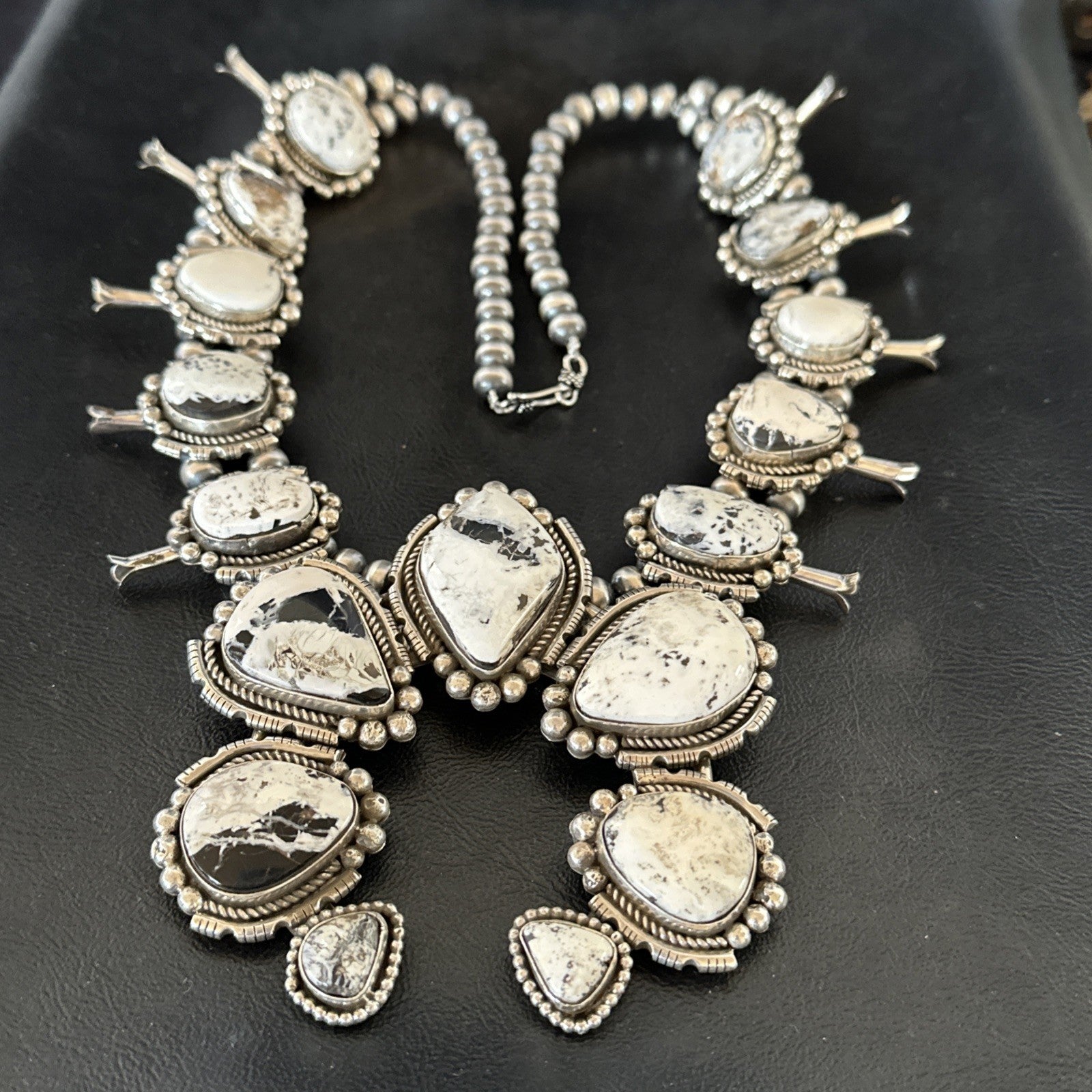 White Buffalo Turquoise Pendant Navajo Sterling Silver Squash Necklace 19305