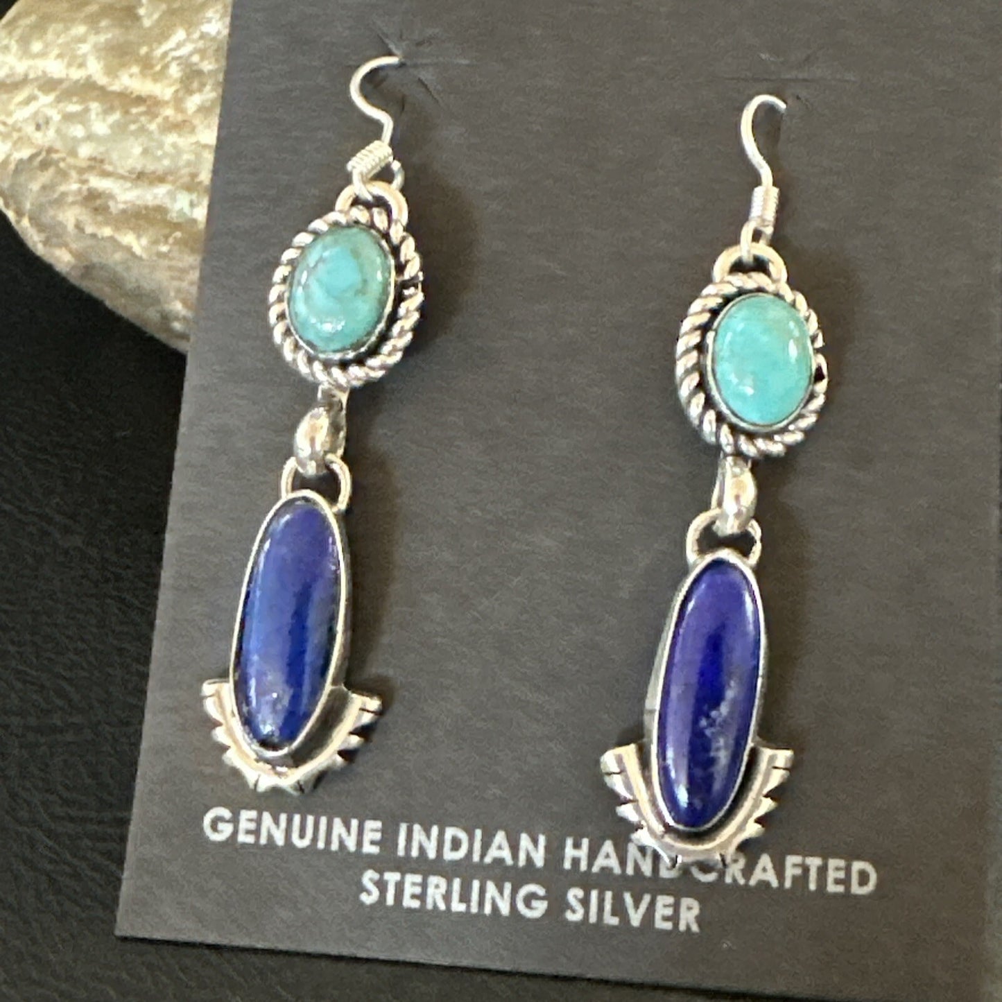 Navajo Turquoise Blue Lapis Sterling Silver Dangle Earrings 18186