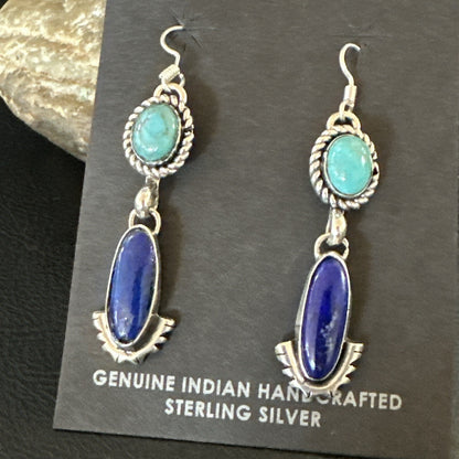 Navajo Turquoise Blue Lapis Sterling Silver Dangle Earrings 18186