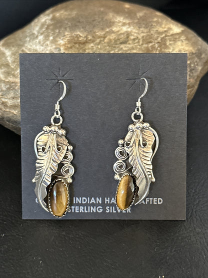 Coffee Tiger's Eye Navajo Sterling Silver Dangle Earrings 14759