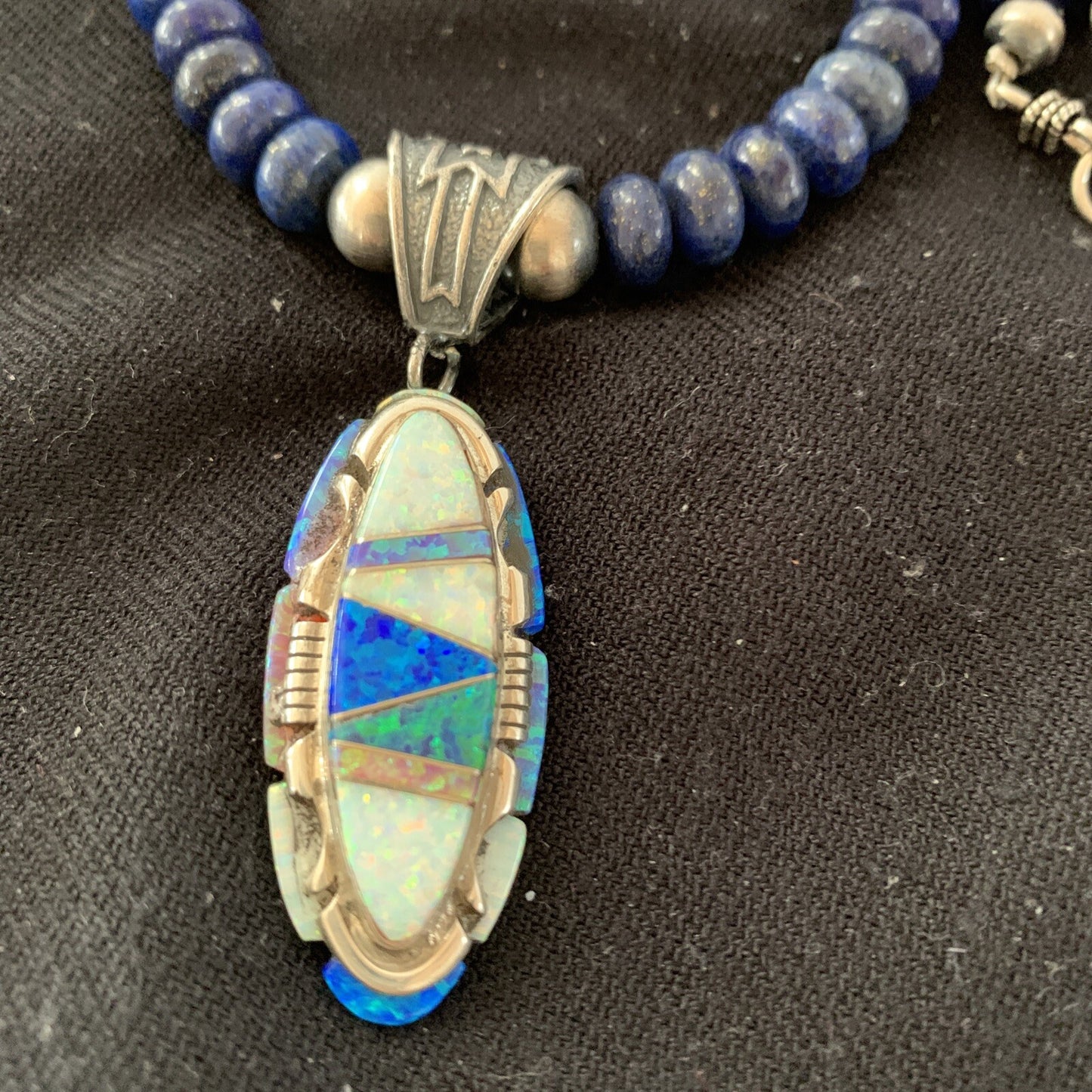 Navajo Sterling Silver Necklace Lapis Opal Pendant Native American 19491