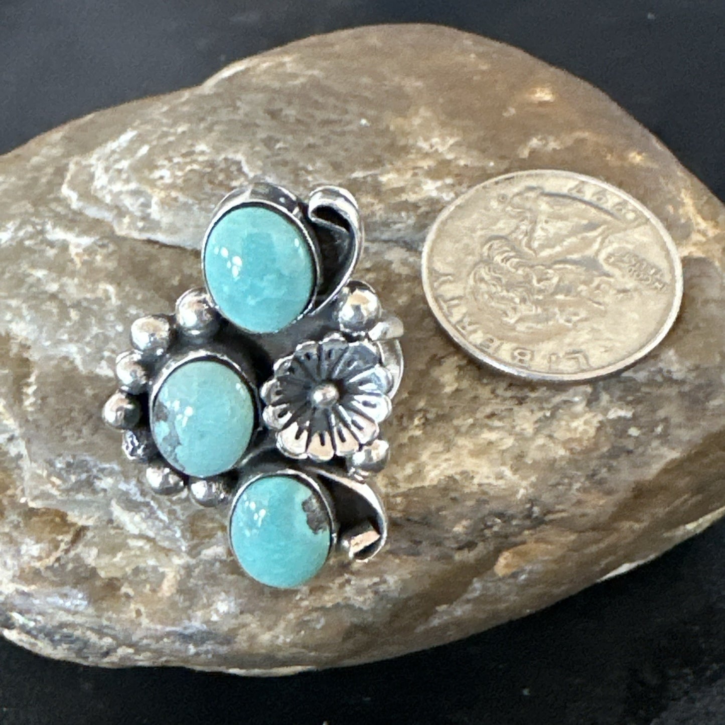 Yazzie Ring Green Turquoise Navajo Sterling Silver Cluster Size7.5 19203