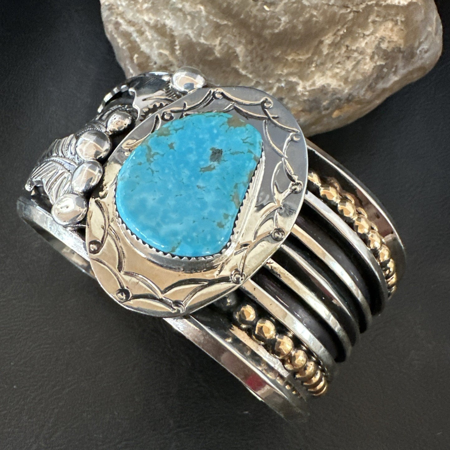 Blue Turquoise Navajo Sterling Silver Cuff Bracelet 12K Gold 19131