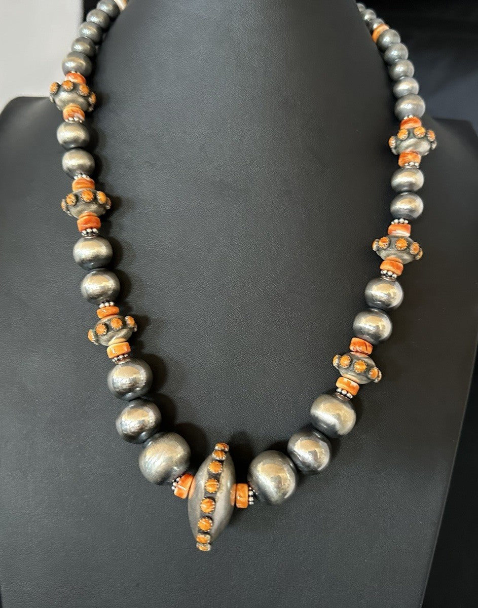 Orange Spiny Oyster Navajo Pearls Graduated Sterling Silver Necklace 23” 19446