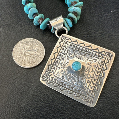 Navajo Blue Turquoise Stamped Pendant Shell Sterling Silver 25” Necklace 19706