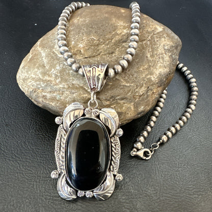 Mens Womens Black Onyx Pendant Navajo Sterling Silver Beads Necklace 18298