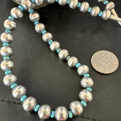 Blue Turquoise 10mm Round Sterling Silver Beads Necklace 24” 92408