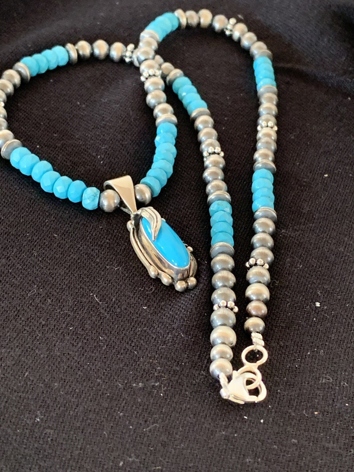 Blue Faceted Turquoise Sterling Silver Necklace Sleeping Beauty Pendant 00564
