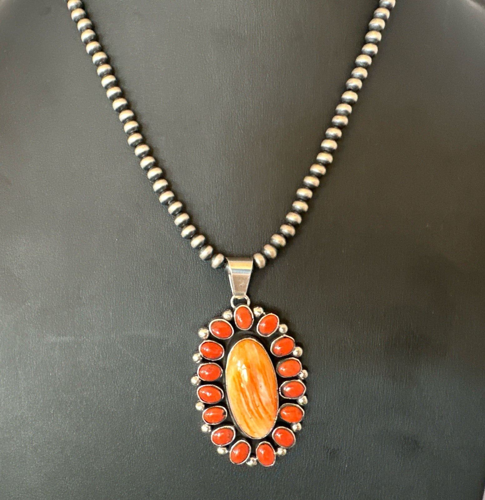 Red Coral Orange Spiny Navajo Sterling Silver Cluster Pendant Necklace 19565