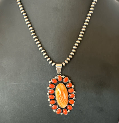 Red Coral Orange Spiny Navajo Sterling Silver Cluster Pendant Necklace 19565