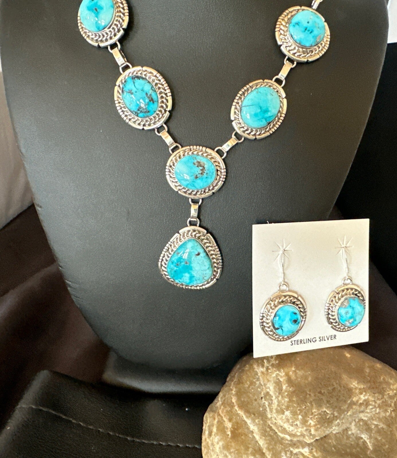 New Women Blue Kingman Turquoise Necklace Earrings Sterling Silver 19” 18620