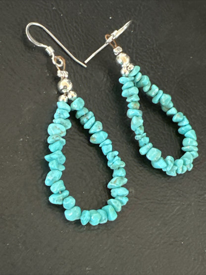 Blue Turquoise Nugget Sterling Silver Beads Navajo Earrings 1" 17900