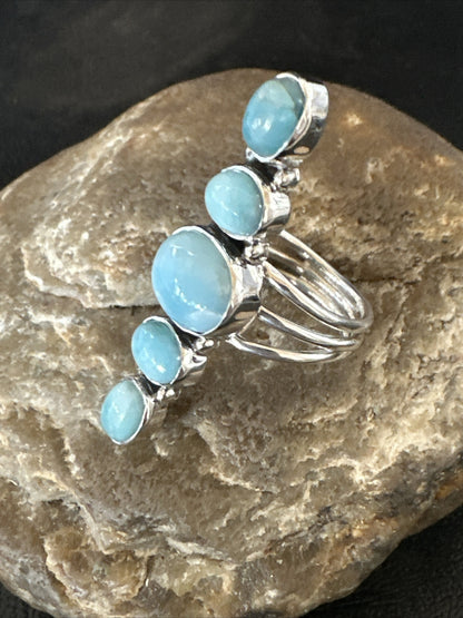 WoMens Cluster Blue Larimar Navajo Sterling Silver Ring Size 8.5 17677