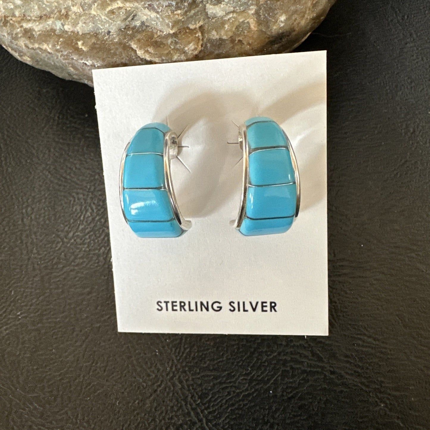 Southwestern Sterling Silver Blue Turquoise Stud Inlay Earrings 1” 19267