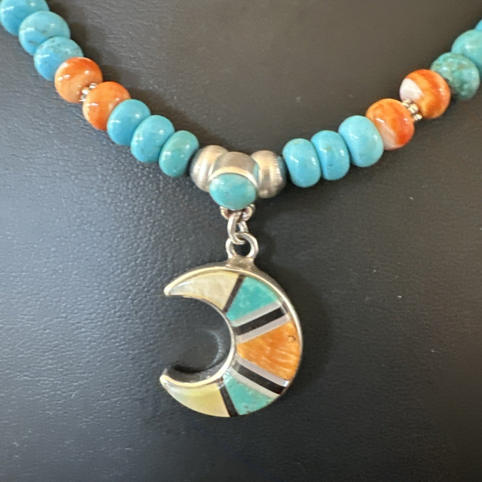 Crescent Multicolor Turquoise Pendant Navajo Sterling Silver Necklace 18731