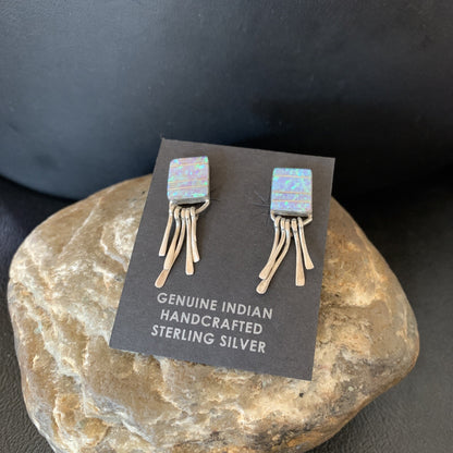 Blue Opal Inlay Navajo Sterling Silver Dangle Post Earrings 0.5" 12754