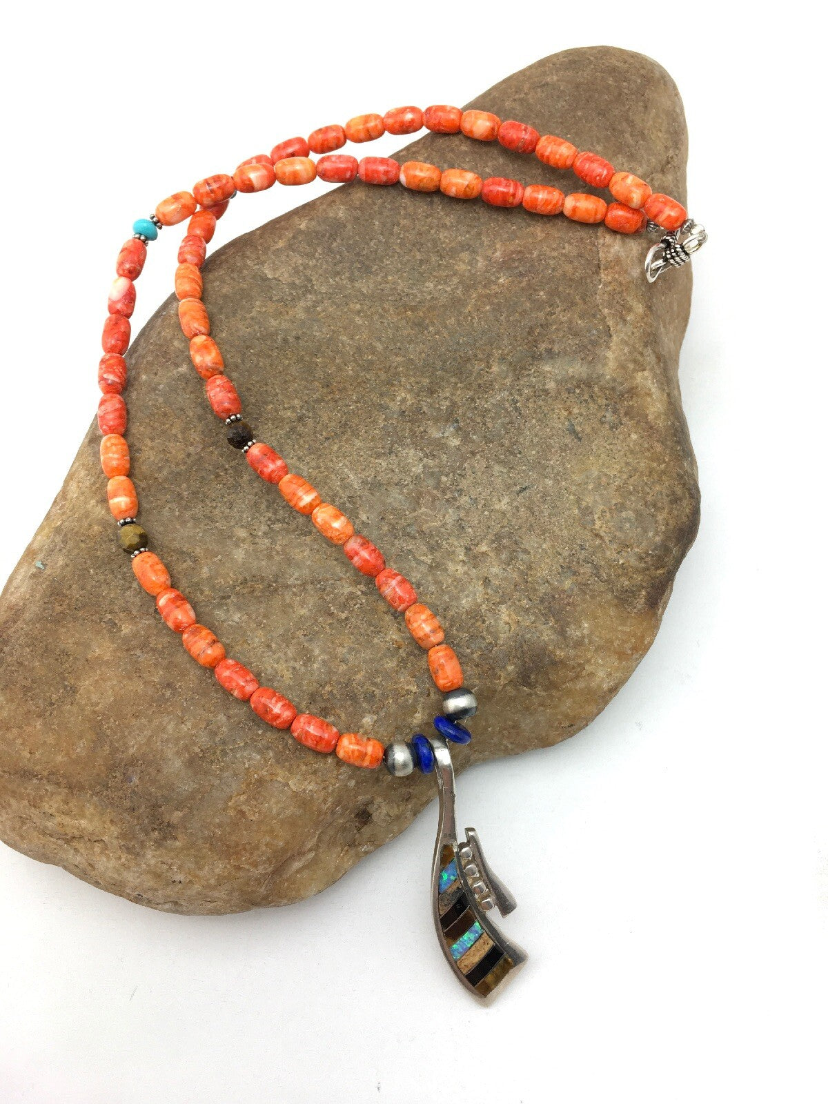 Multi-Stone Pendant Spiny Oyster Navajo Sterling Silver Necklace 19" 04519
