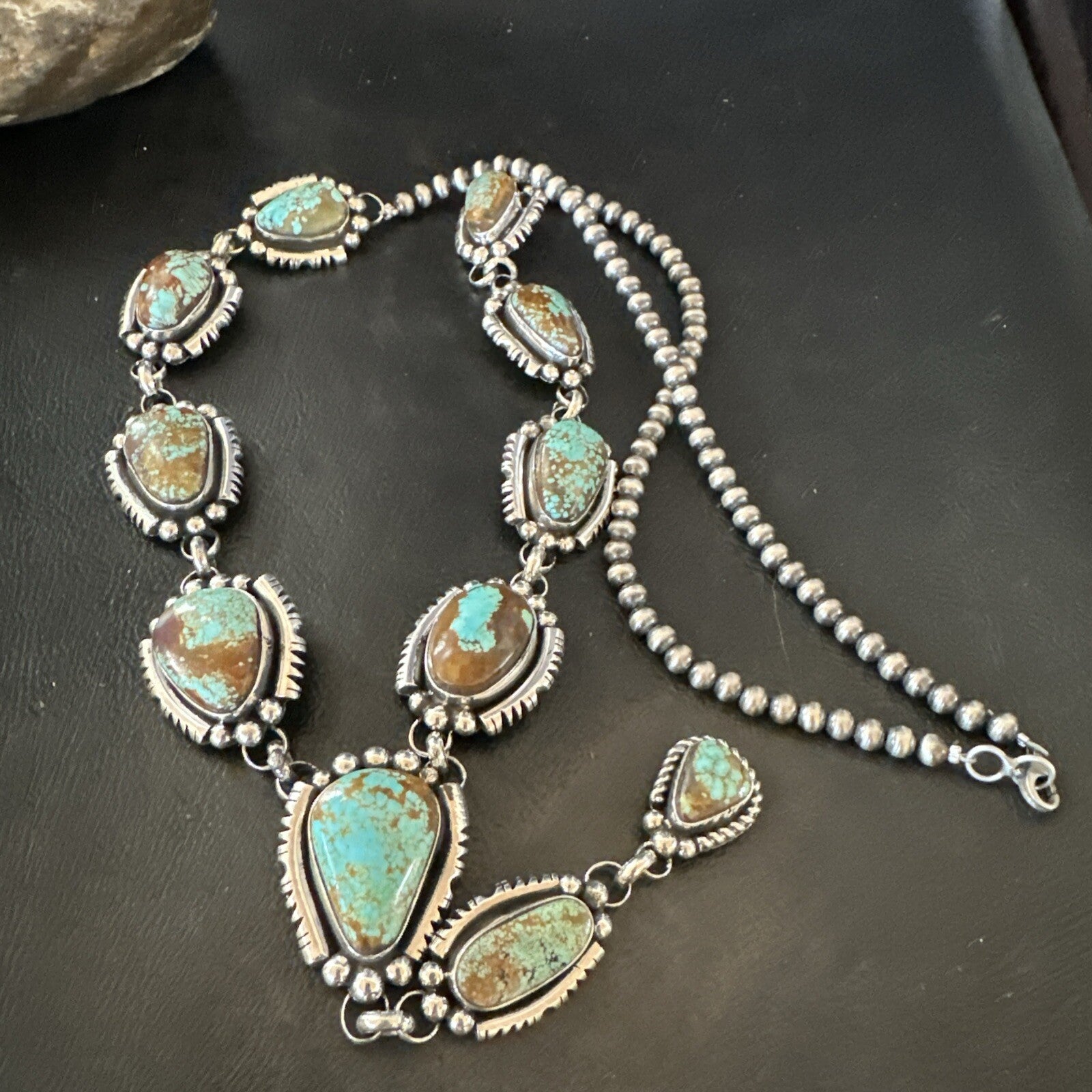 Mens Blue Turquoise #8 Navajo Pearls Sterling Silver Lariat Necklace 28" 18819