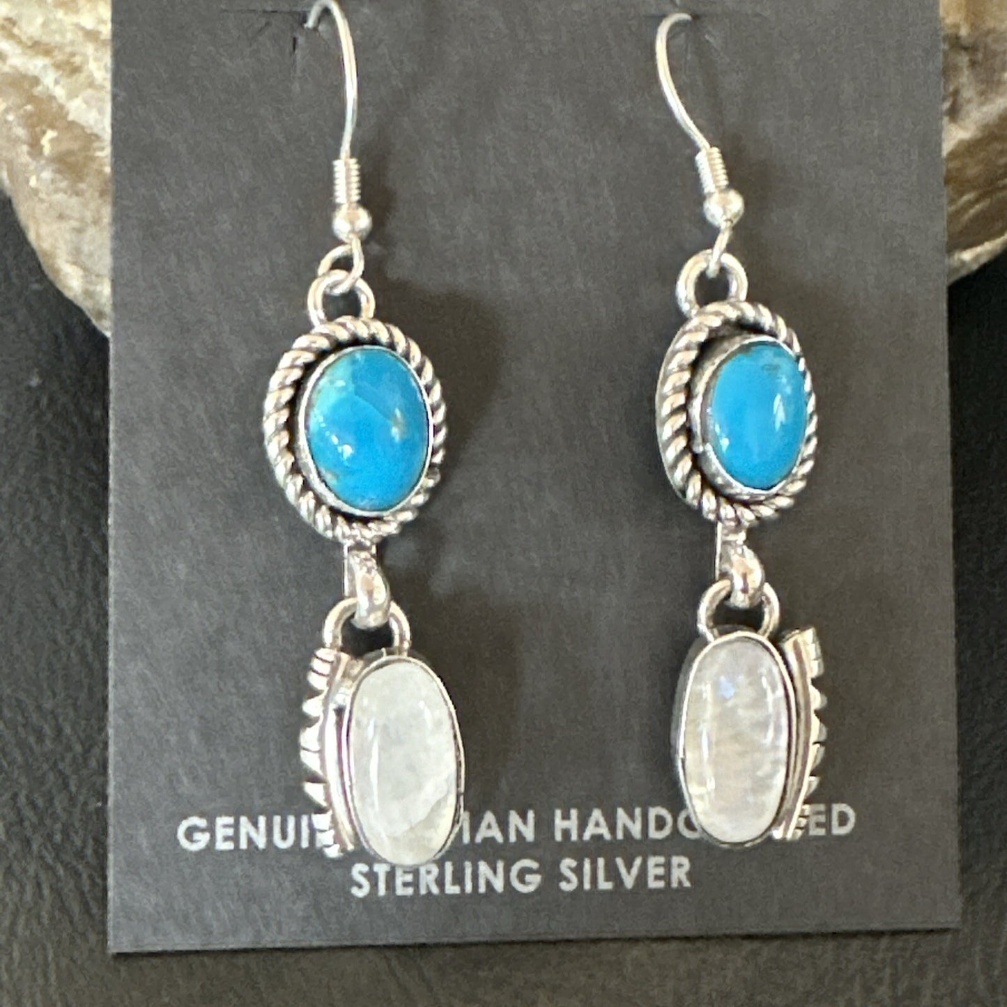 Navajo White MOP Blue Turquoise Sterling Silver Dangle Earrings 18185