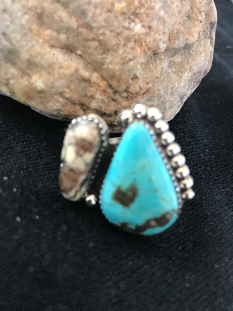 Crazy Horse & Blue Turquoise Navajo Indian Sterling Silver Ring Size 8 14698