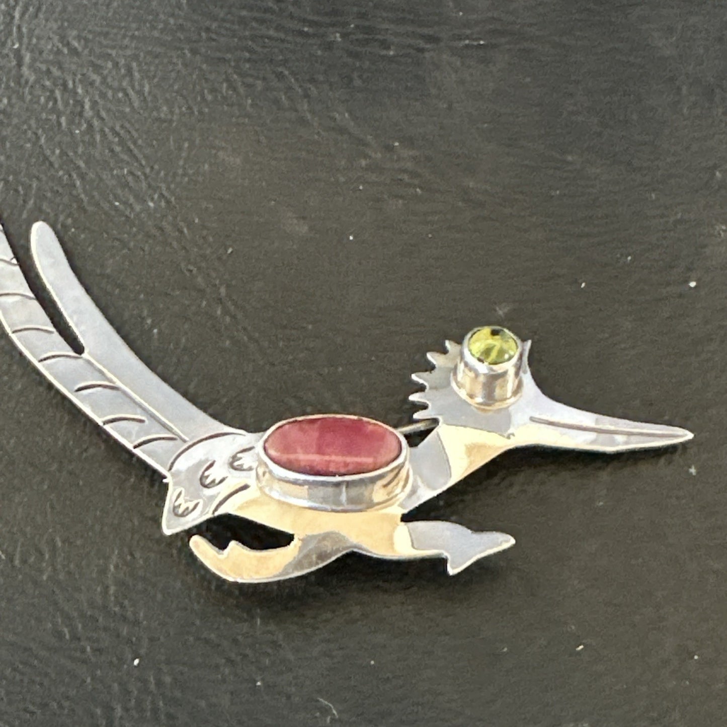 Road Runner Spiny Peridot Navajo Sterling Silver Stamped Pin Brooch 3” 19089