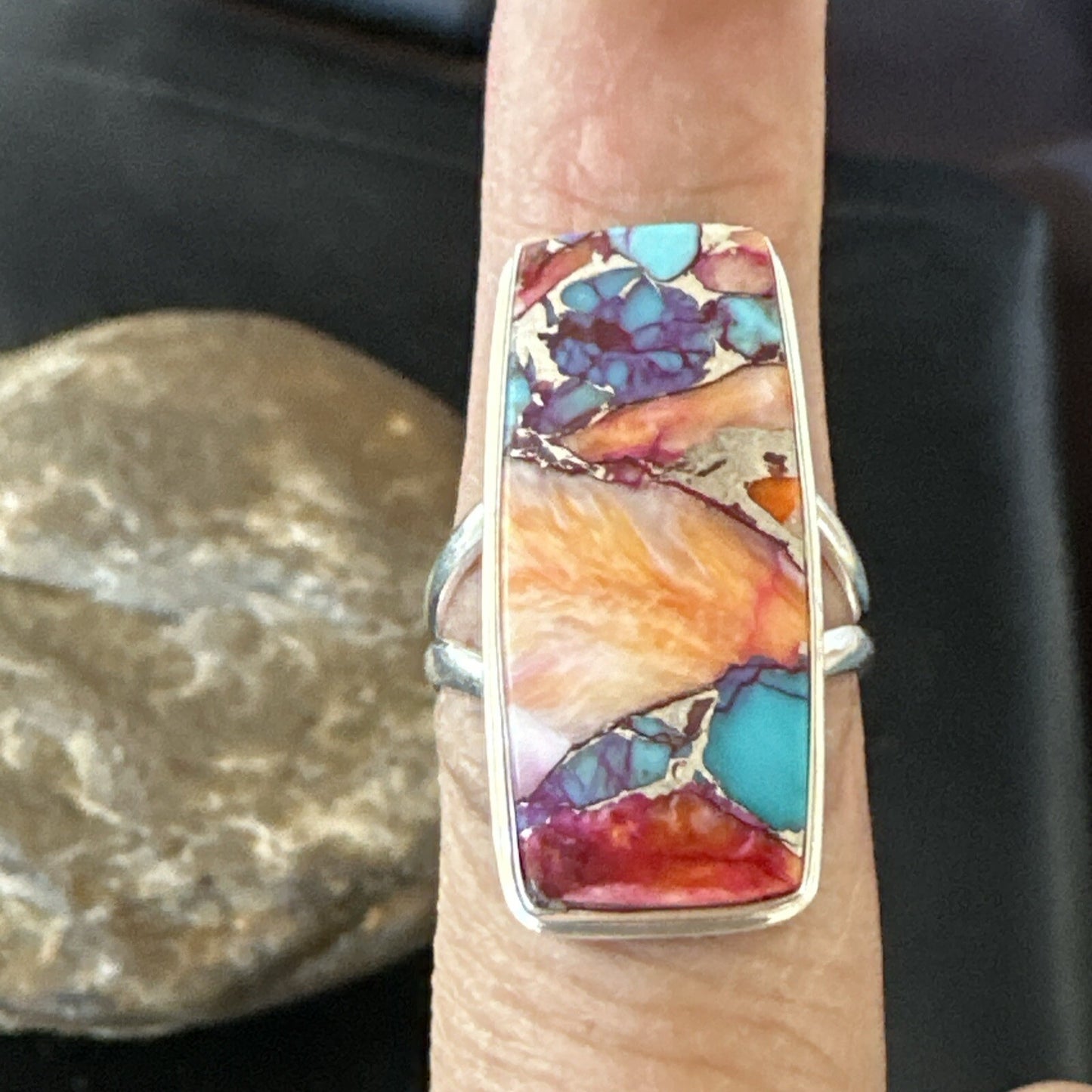 Blue Turquoise Spiny Oyster Southwestern Sterling Silver Ring Size 7 18489
