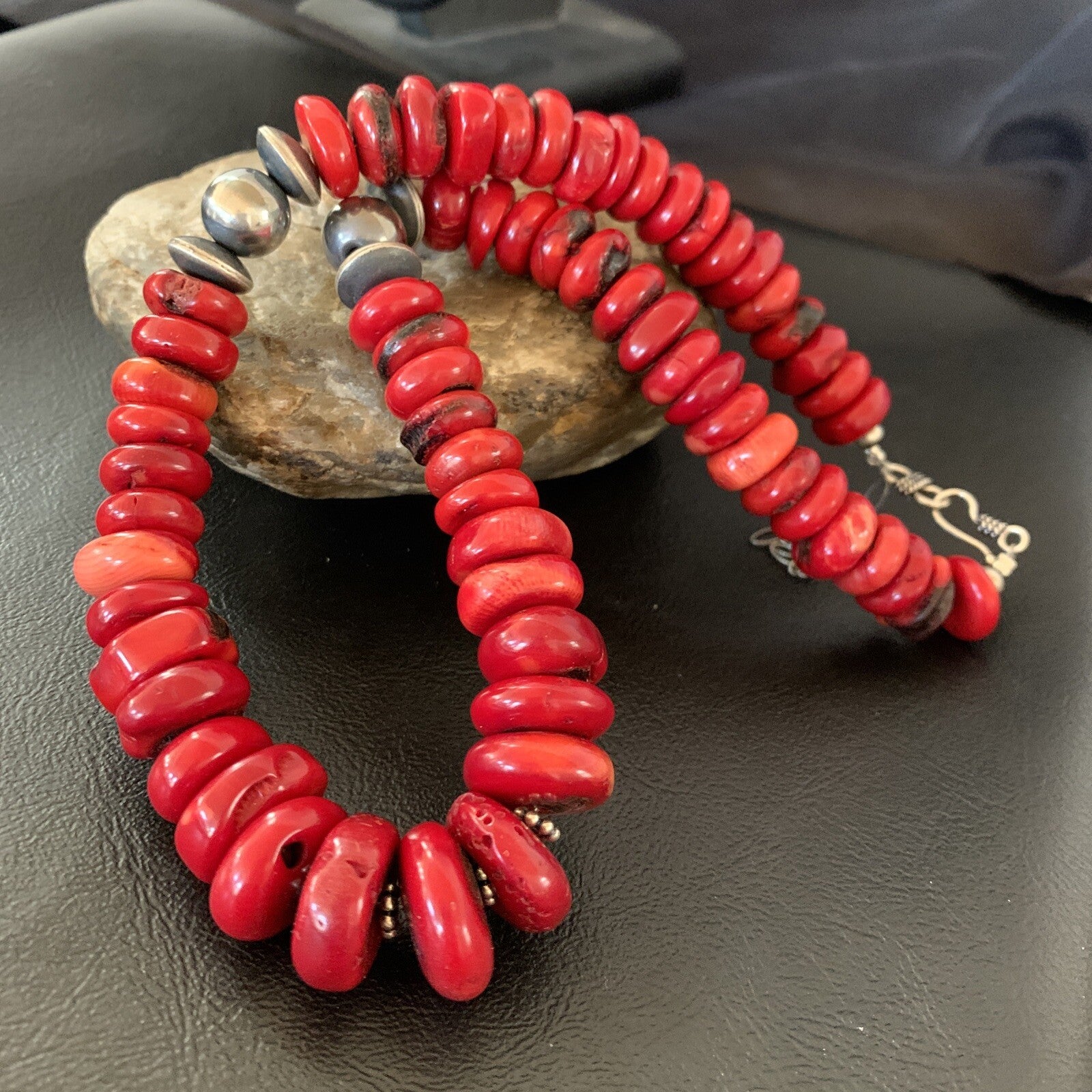 Native Navajo Graduated Red Coral Sterling Silver Bead 18" Necklace 11559