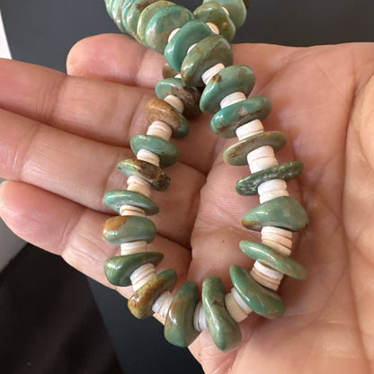 Green Royston Turquoise Shell Santo Domingo Sterling Silver Necklace 27” 19680