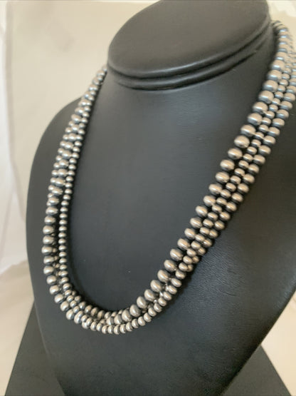 Native American 4, 5, 5 mm Sterling Silver Navajo Pearls 3 Strand 18” Necklace