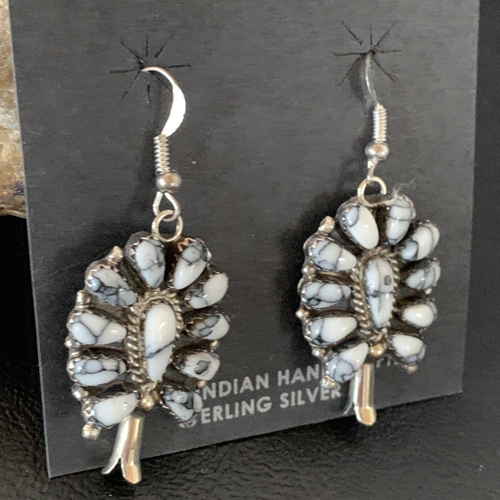 Cluster Navajo White Buffalo Turquoise Sterling Silver Dangle Earrings 12837
