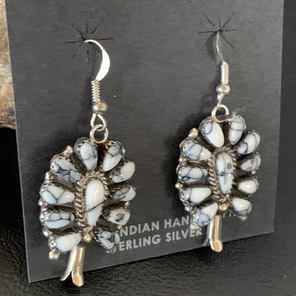 Cluster Navajo White Buffalo Turquoise Sterling Silver Dangle Earrings 12837