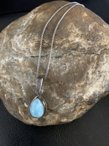 Blue Larimar Minimalist Pendant Navajo Sterling Silver Necklace 18" 17440