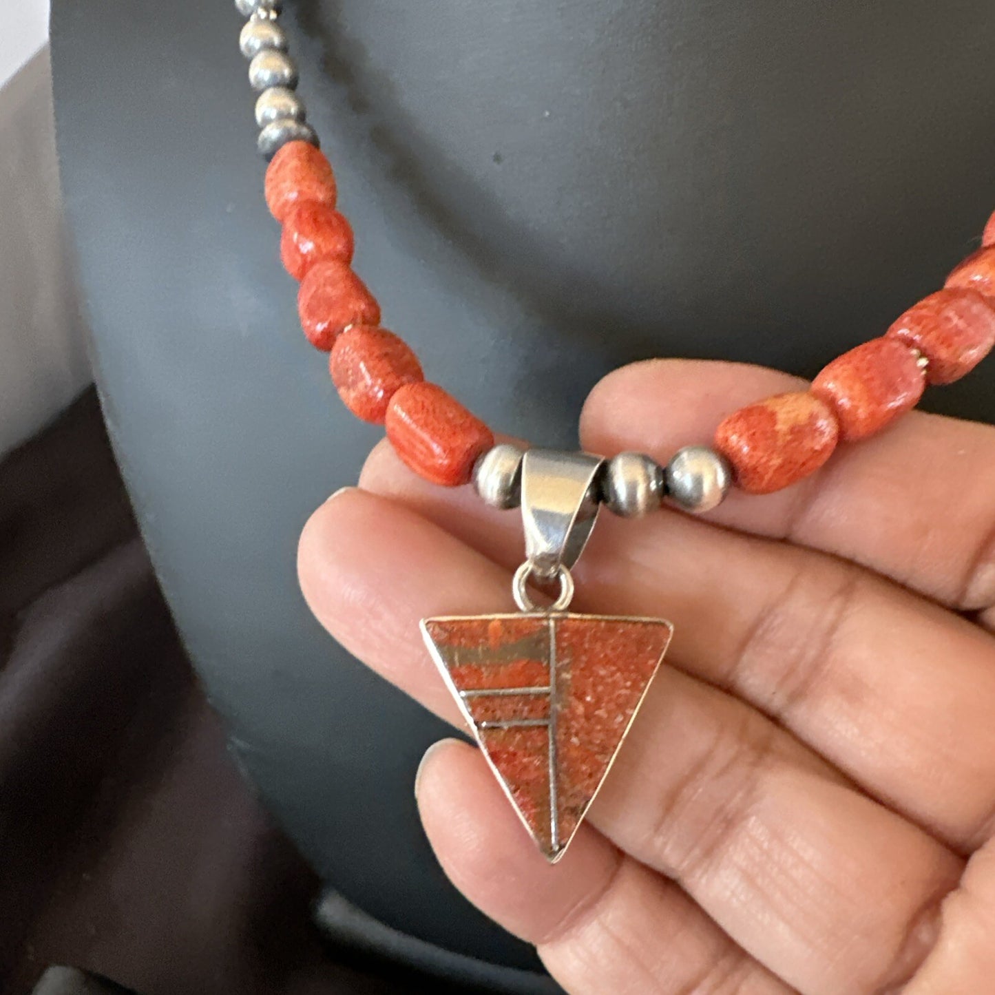 Navajo Apple Sponge Coral Sterling Silver Necklace Inlay Pendant 21” 18684