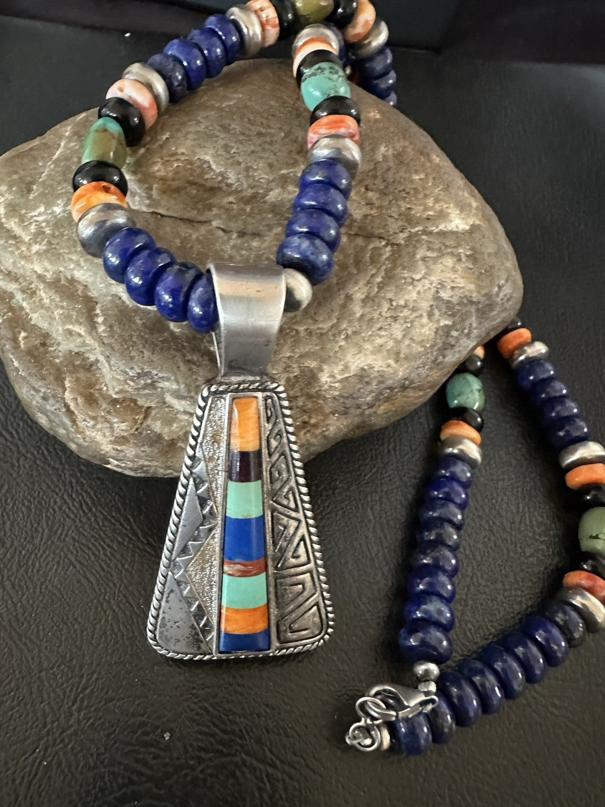 Multicolor Inlay Lapis Pendant Navajo Sterling Silver Necklace 22” 19467