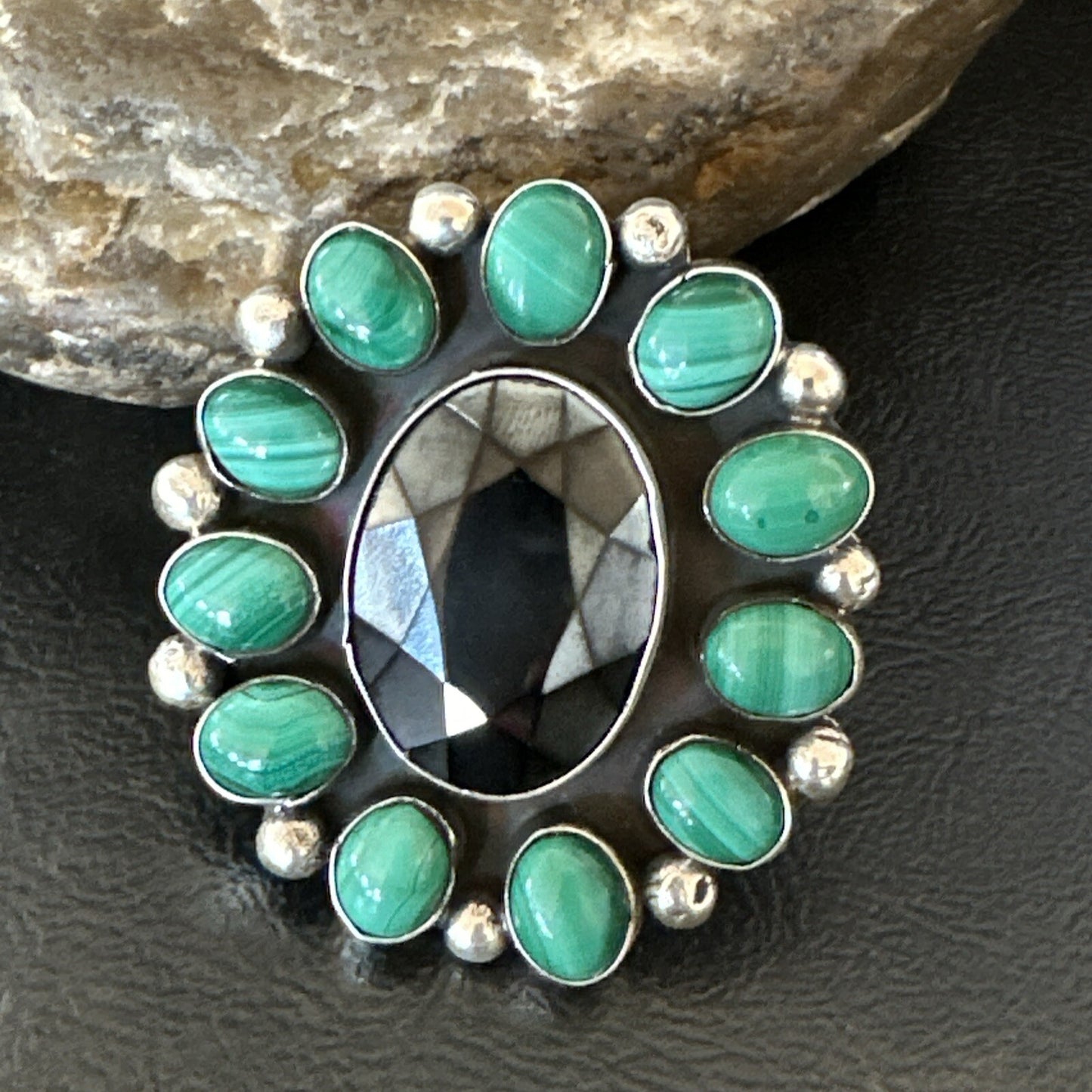 Green Malachite Quartz Navajo Sterling Silver Cluster Ring Size 10.5 18399