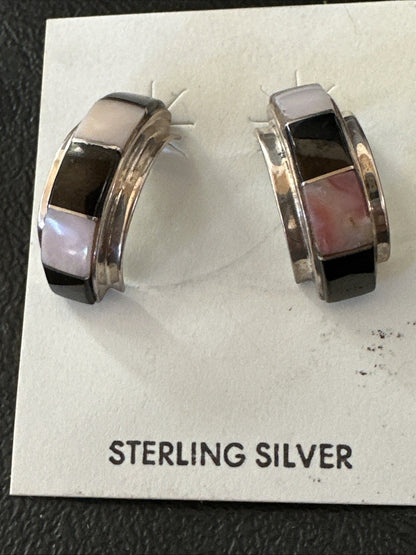 Pink Queen Conch Black Onyx Sterling Silver Post  Inlay Hoop Earrings 19819