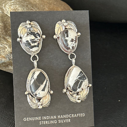 Women Navajo White Buffalo Turquoise Sterling Silver Dangle Earrings 2.5" 14743N