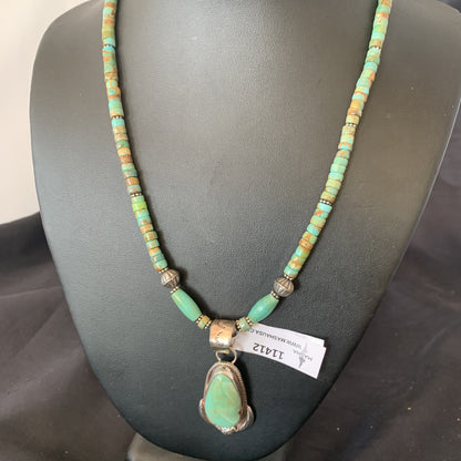 Green Turquoise Pendant Navajo Pearls Sterling Silver Necklace 11412