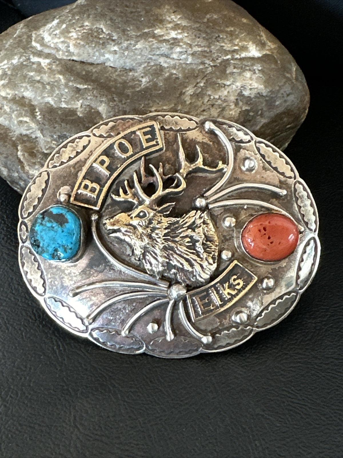 Elk Blue Turquoise Coral Navajo Sterling Silver Concho Belt Buckle 17972