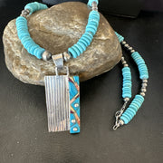 Blue Turquoise Inlay Pendant Navajo Necklace 20" | Sterling Silver | Authentic Native American Handmade | 19711