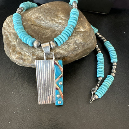 Blue Turquoise Inlay Pendant Navajo Sterling Silver Necklace 20" 19711