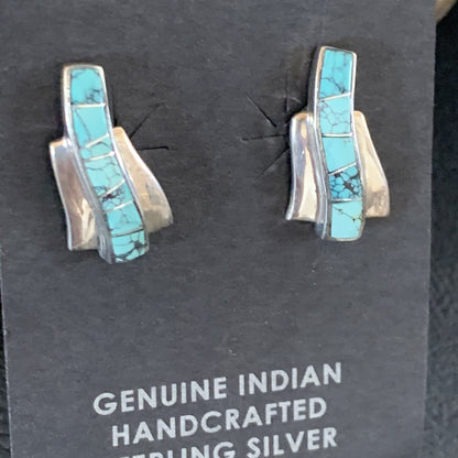 Womens Blue Spider Web Turquoise Navajo Sterling Silver Inlay Earrings 12901