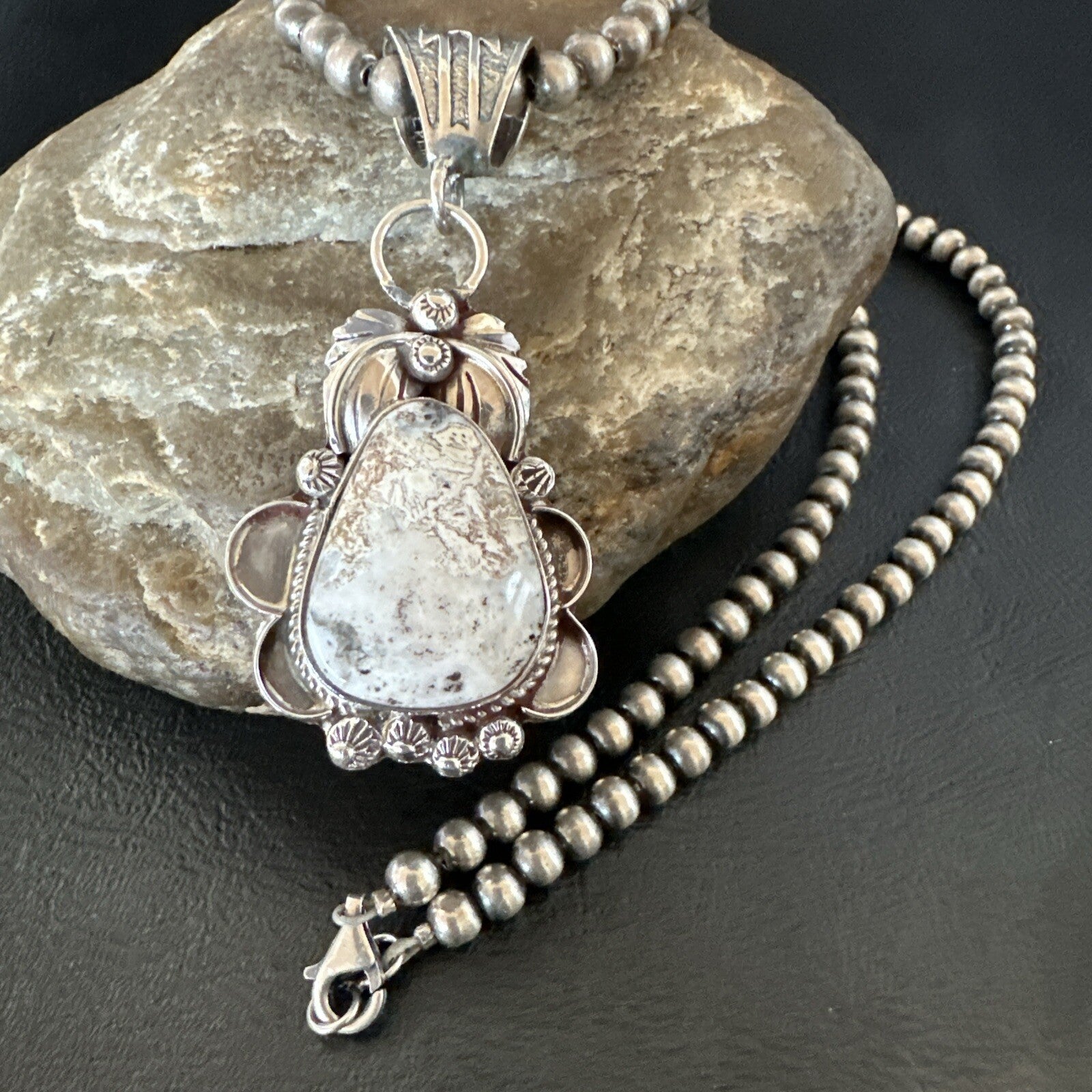 White Buffalo Turquoise Pendant  Sterling Silver Beads Necklace 17986